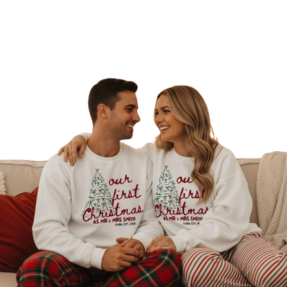 Our First Christmas As Mr & Mrs Custom Matching Couple Sweatshirt, Personalized Christmas Sweatshirt For Newlywed Couple 2D1286