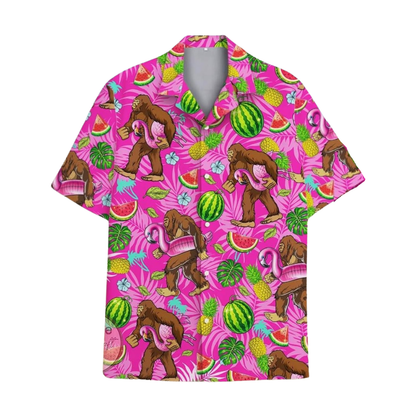 Bigfoot Watermelon Pink Hawaiian Shirt Mens, Sasquatch Fruit Hawaiian Shirt HE0384