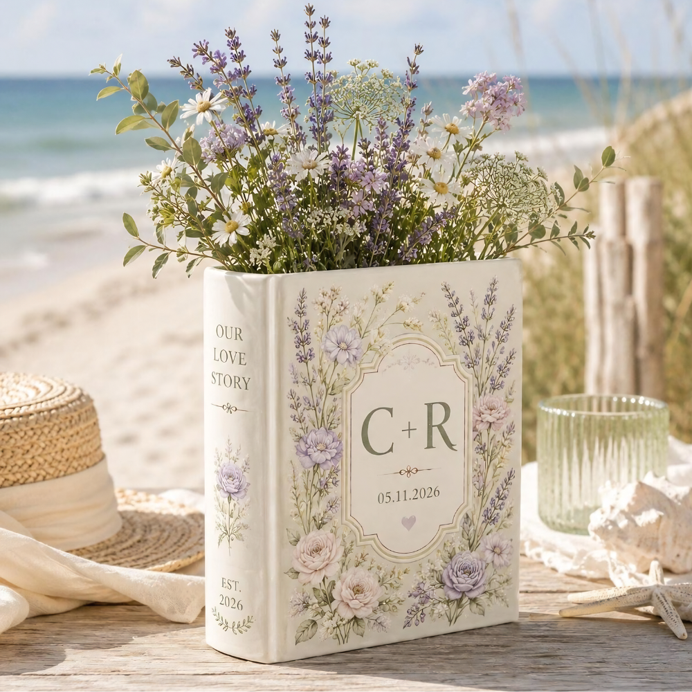 Custom Monogram Couple Name Initials Flower Wedding Engagement Ceramic Book Vase, Custom Floral Wedding Book Vase WD0593