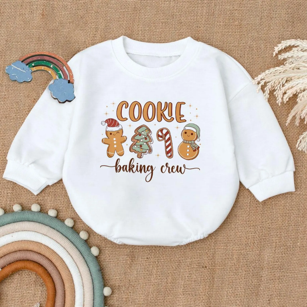Cookie Baking Crew Gingerbread Candy Christmas Baby Romper Sweatshirt, Cute Christmas Baby Romper Sweatshirt BB0103