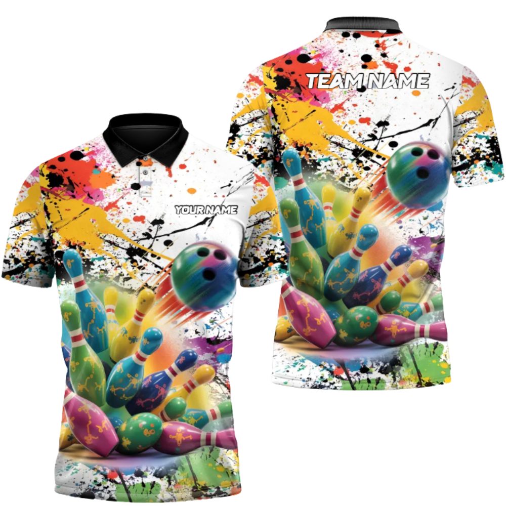 Custom Team Multicolor Splash Bowling Polo Shirt For Men, Custom Bowling Shirts BZ0737