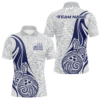 Custom Tribal Blue And White Bowling Mens Polo Shirt, Custom Tribal Bowling Team Shirt BZ0515