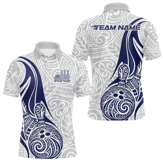 Custom Tribal Blue And White Bowling Mens Polo Shirt, Custom Tribal Bowling Team Shirt BZ0515