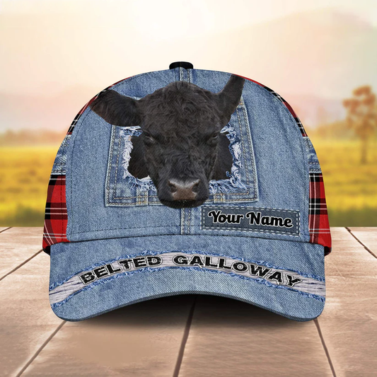 Belted Galloway Overall Jeans Pattern And Red Caro Pattern Customized Name Cap CA0205