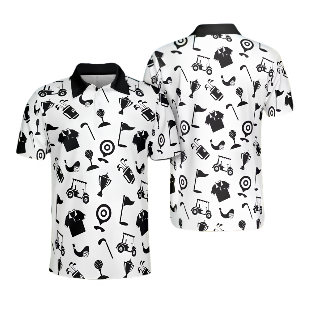 Men's Black White Golf Pattern Golf Polo Shirts, Golf Mens Shirts GZ0461