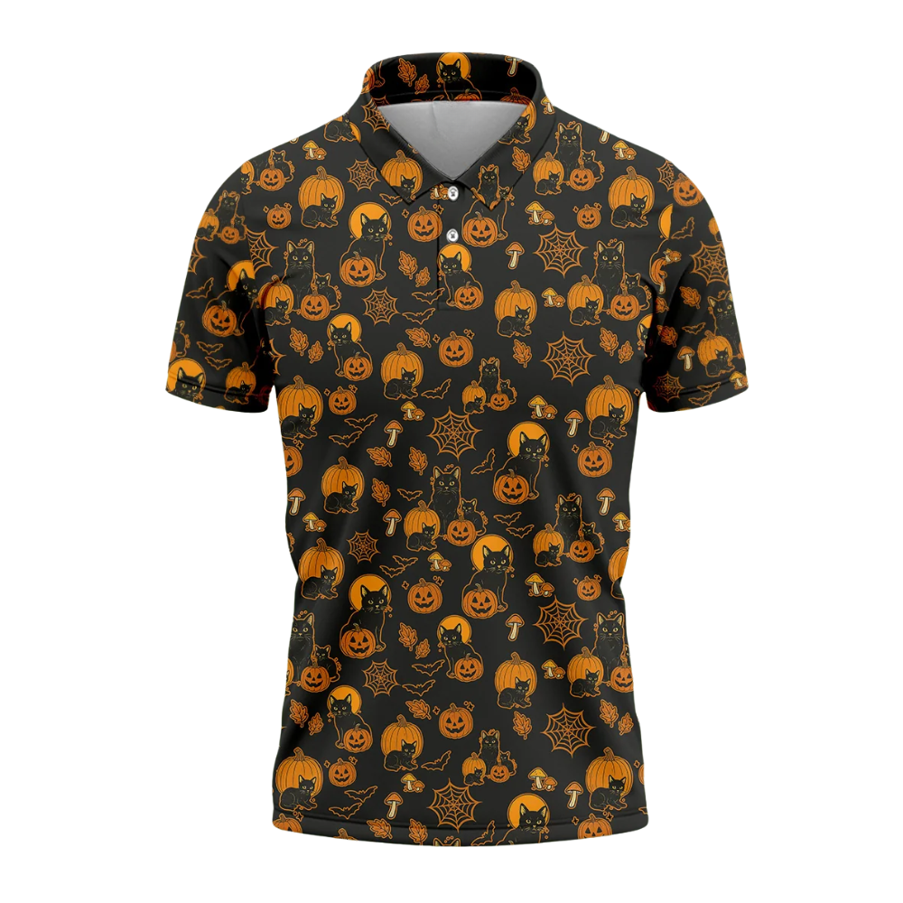 Pumpkin Black Cat Men's Black Orange Golf Polo Shirt, Halloween Golf Shirt For Cat Lover GZ0354
