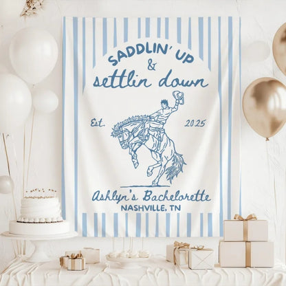 Saddlin' Up and Settling Down Personalized Western Bachelorette Banner, Custom Country Bachelorette Party Sign WD0532