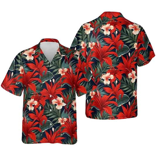 Tropical Red Flower Hawaiian Shirt Men Women, Floral Tropical Hawaiian Shirts HE0291