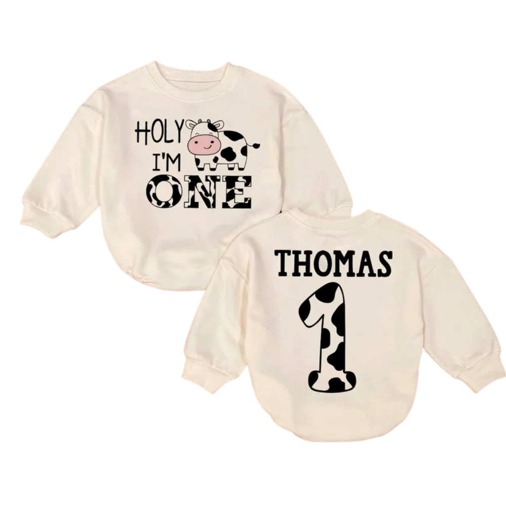 Custom Holy I'm One Cow Baby Romper Sweatshirt, Custom Cow First Birthday Romper Sweatshirt Baby BB0551