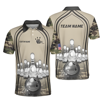 Custom Camoflage Bowling Men's Polo Shirts, Custom Camo Bowling Team Shirts BZ0342