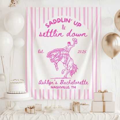 Saddlin' Up and Settling Down Personalized Western Bachelorette Banner, Custom Country Bachelorette Party Sign WD0532