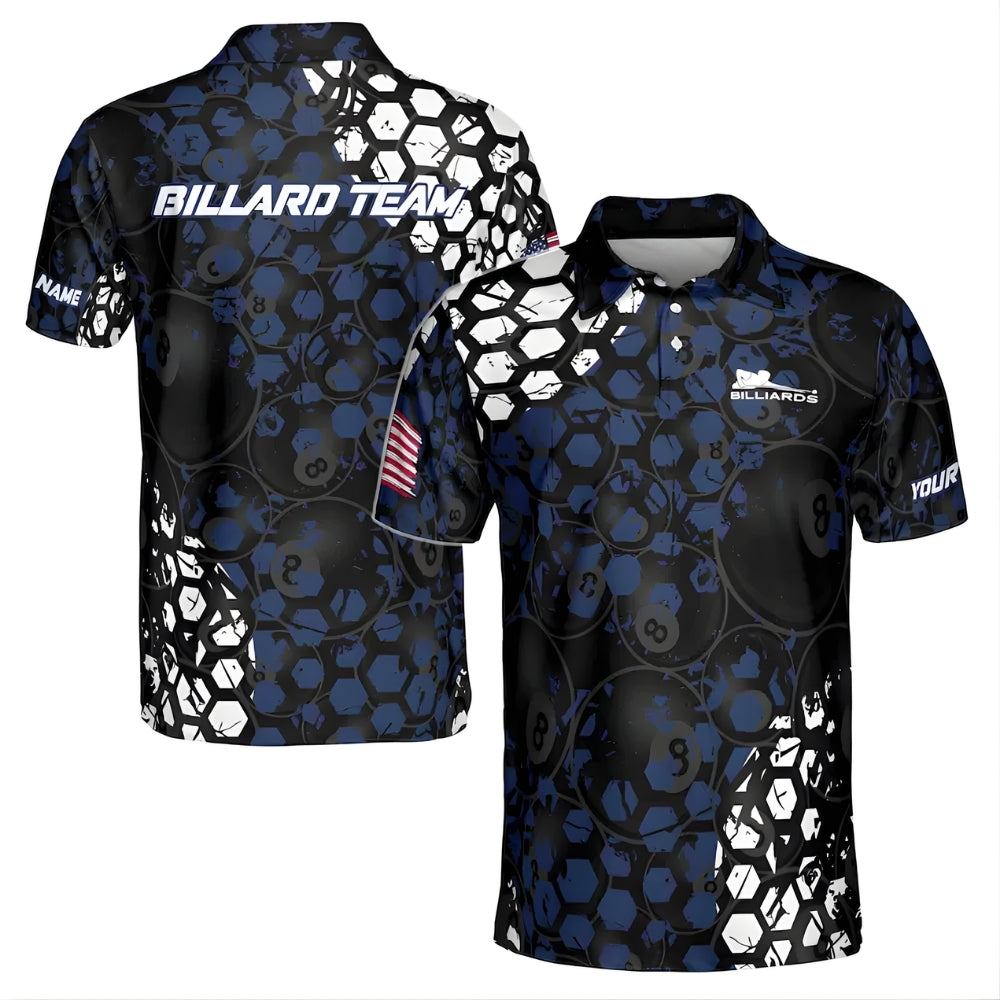 Custom Black And Blue 8 Ball Billiard Polo Shirt Mens, Custom 8 Ball Billiard Shirts For Team BIZ0199