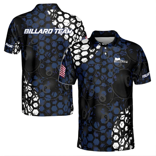 Custom Black And Blue 8 Ball Billiard Polo Shirt Mens, Custom 8 Ball Billiard Shirts For Team BIZ0199