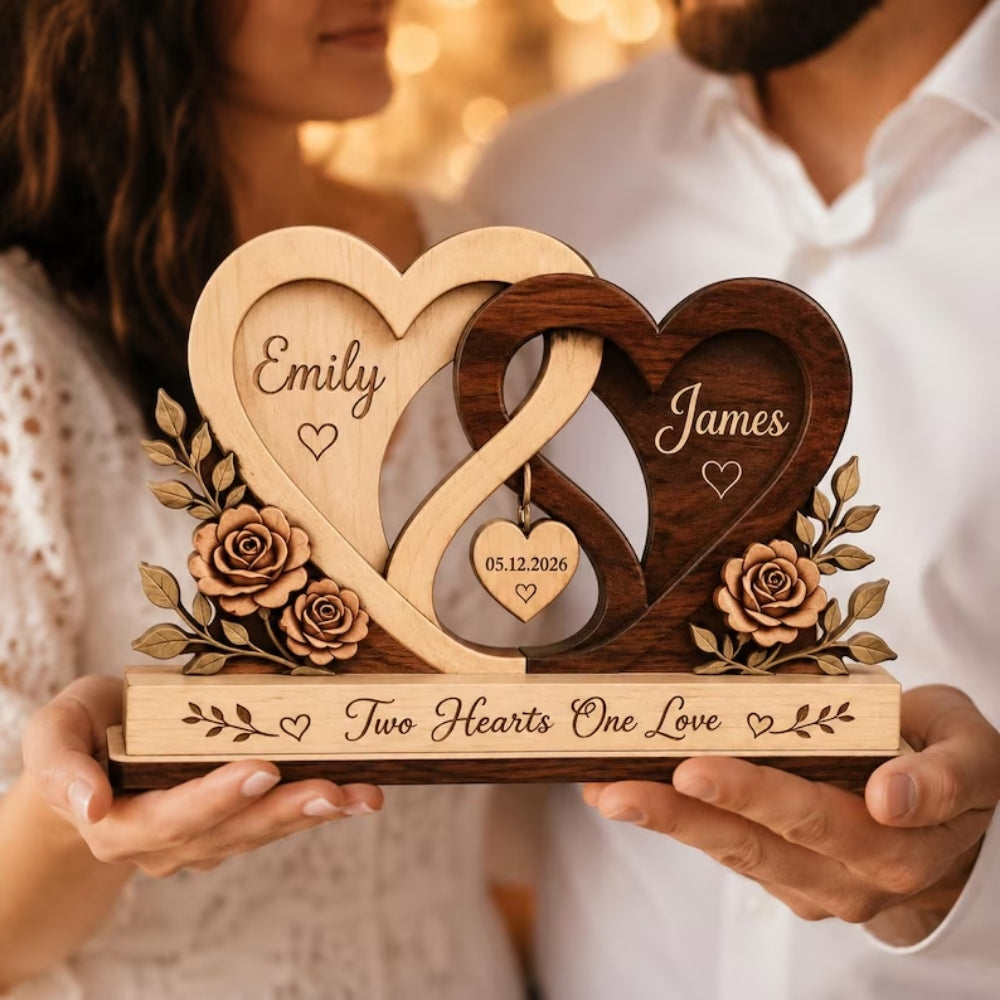 Two Hearts One Love Custom Heart Infinity Wooden Plaque, Custom Wooden Block Wedding Anniversary WD0802