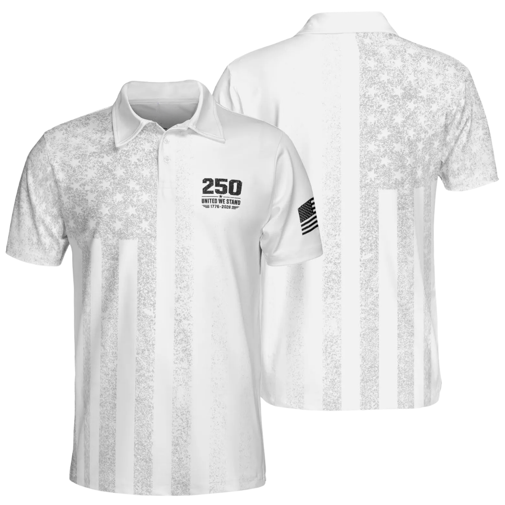 250 United We Stand 1776-2026 Men's White USA Flag Golf Polo Shirt, 4th of July Golf Shirts GE0539