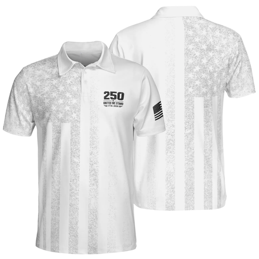 250 United We Stand 1776-2026 Men's White USA Flag Golf Polo Shirt, 4th of July Golf Shirts GE0539