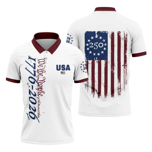 American Flag 1776-2026 We The People Golf Polo Shirts For Men, 4th Of July 250 Golf Shirts GE0303