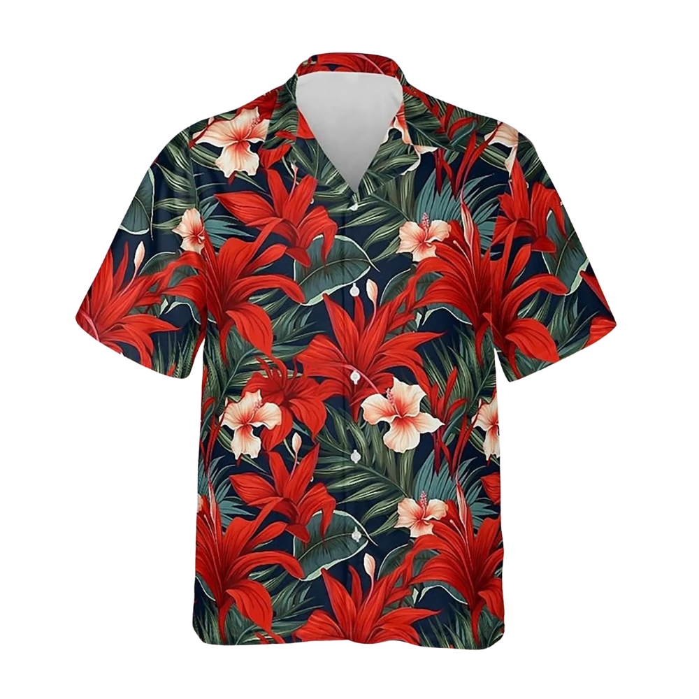 Tropical Red Flower Hawaiian Shirt Men Women, Floral Tropical Hawaiian Shirts HE0291