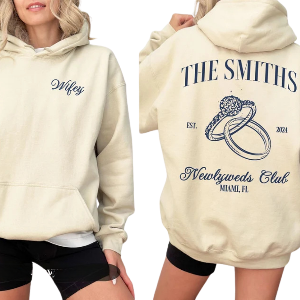 Newlyweds Club Custom Last Name Couple Hoodies, Custom Wifey And Hubby Hoodies For Honeymoon 2D0879
