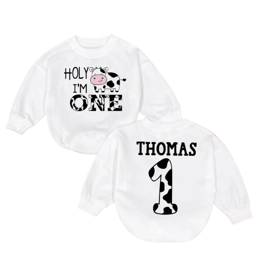 Custom Holy I'm One Cow Baby Romper Sweatshirt, Custom Cow First Birthday Romper Sweatshirt Baby BB0551