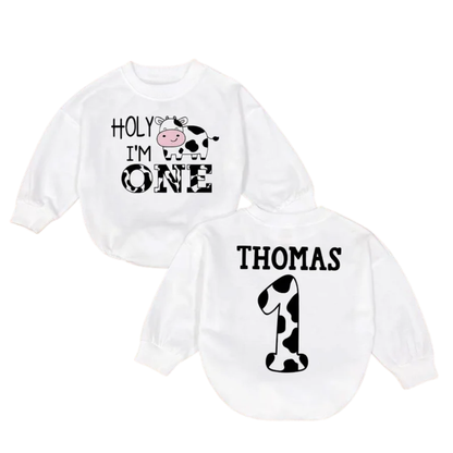 Custom Holy I'm One Cow Baby Romper Sweatshirt, Custom Cow First Birthday Romper Sweatshirt Baby BB0551