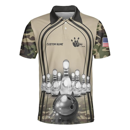 Custom Camoflage Bowling Men's Polo Shirts, Custom Camo Bowling Team Shirts BZ0342