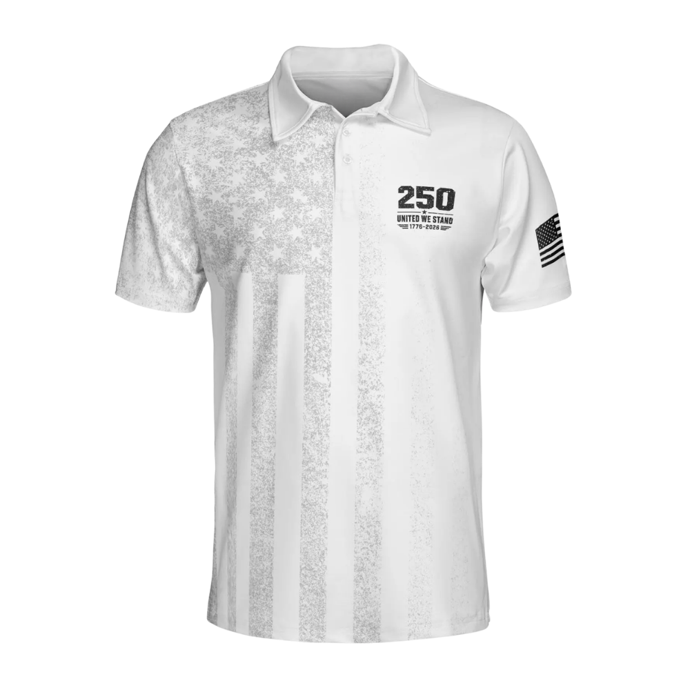 250 United We Stand 1776-2026 Men's White USA Flag Golf Polo Shirt, 4th of July Golf Shirts GE0539