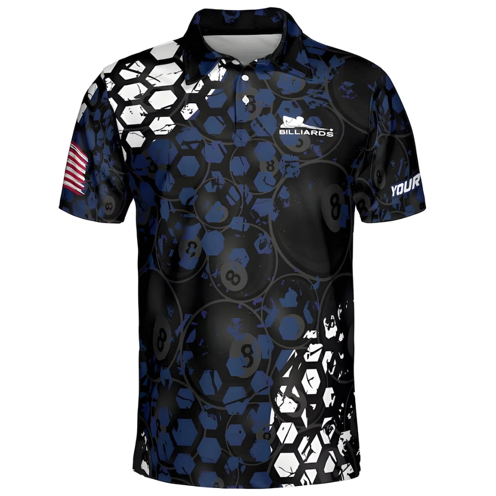 Custom Black And Blue 8 Ball Billiard Polo Shirt Mens, Custom 8 Ball Billiard Shirts For Team BIZ0199