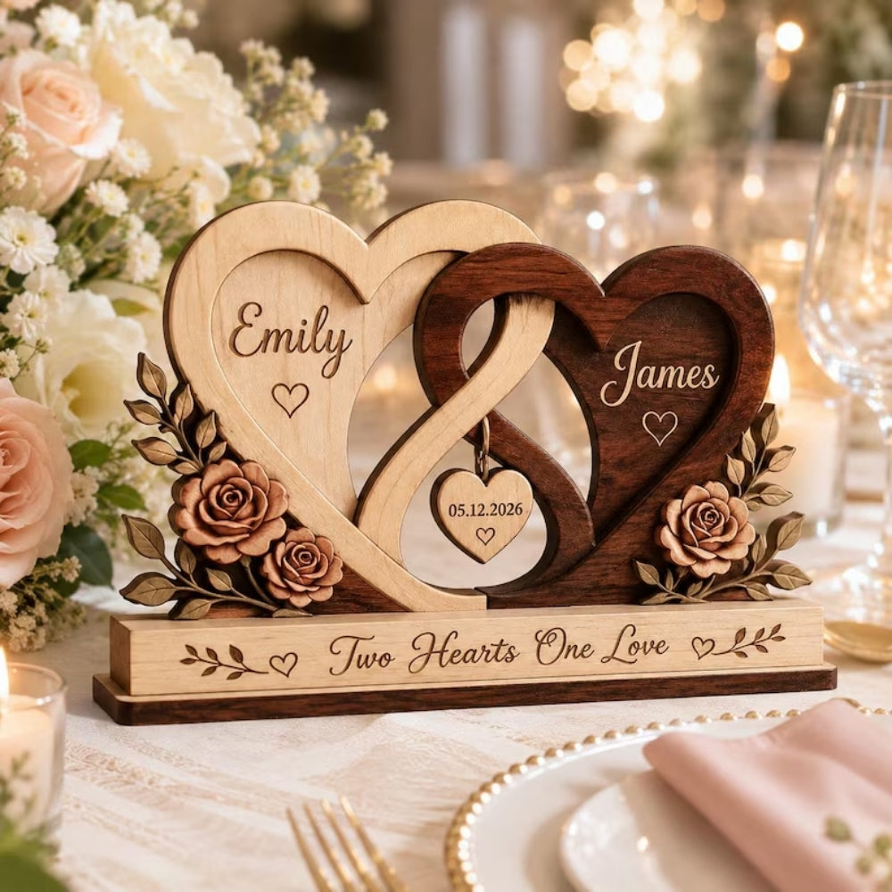 Two Hearts One Love Custom Heart Infinity Wooden Plaque, Custom Wooden Block Wedding Anniversary WD0802