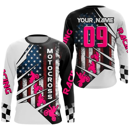 Custom American Flag Motocross Long Sleeve Jersey Mens, Custom Patriotic Racing Dirt Bike Shirts MZ0079
