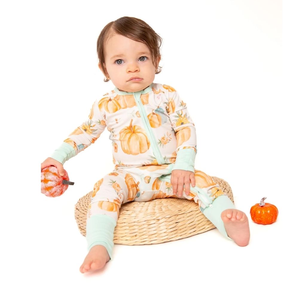 Pumpkin And Flowers Baby Convertible Zippy Romper, Pumpkin Baby Convertible Romper For Thanksgiving BB0352