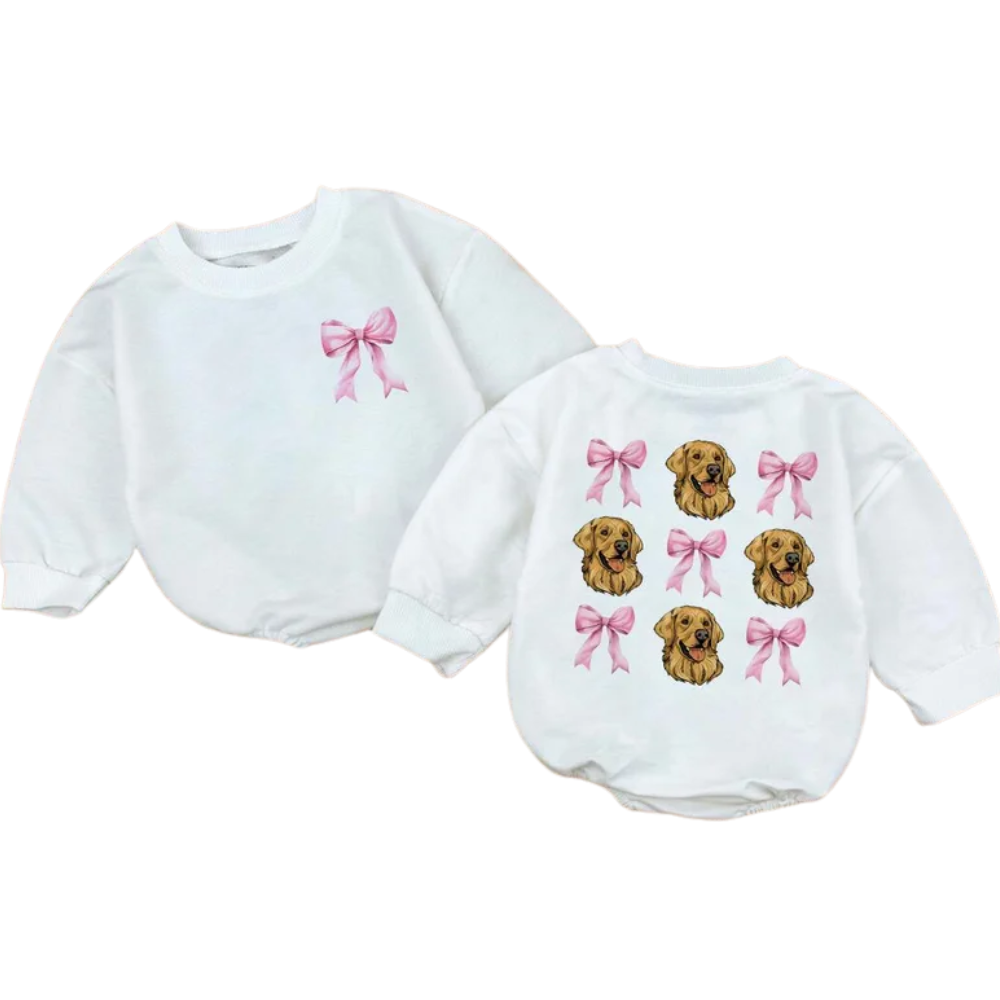 Golden Retriever Baby Romper Sweatshirt Pink Bow, Dog Golden Retriever Romper Sweatshirt For Baby BB0552