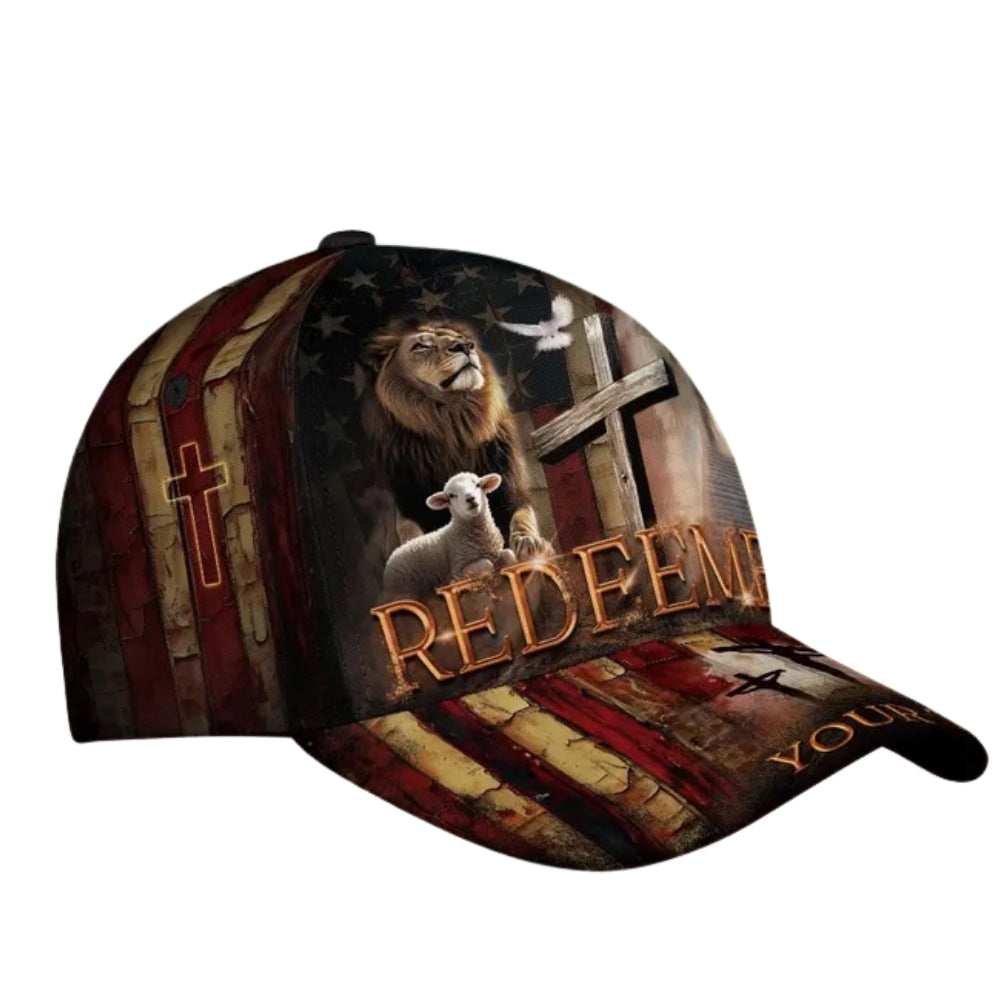 Redeemed Custom USA Flag Lion Christian Baseball Cap, Custom Jesus Christian Caps Hats CP0107