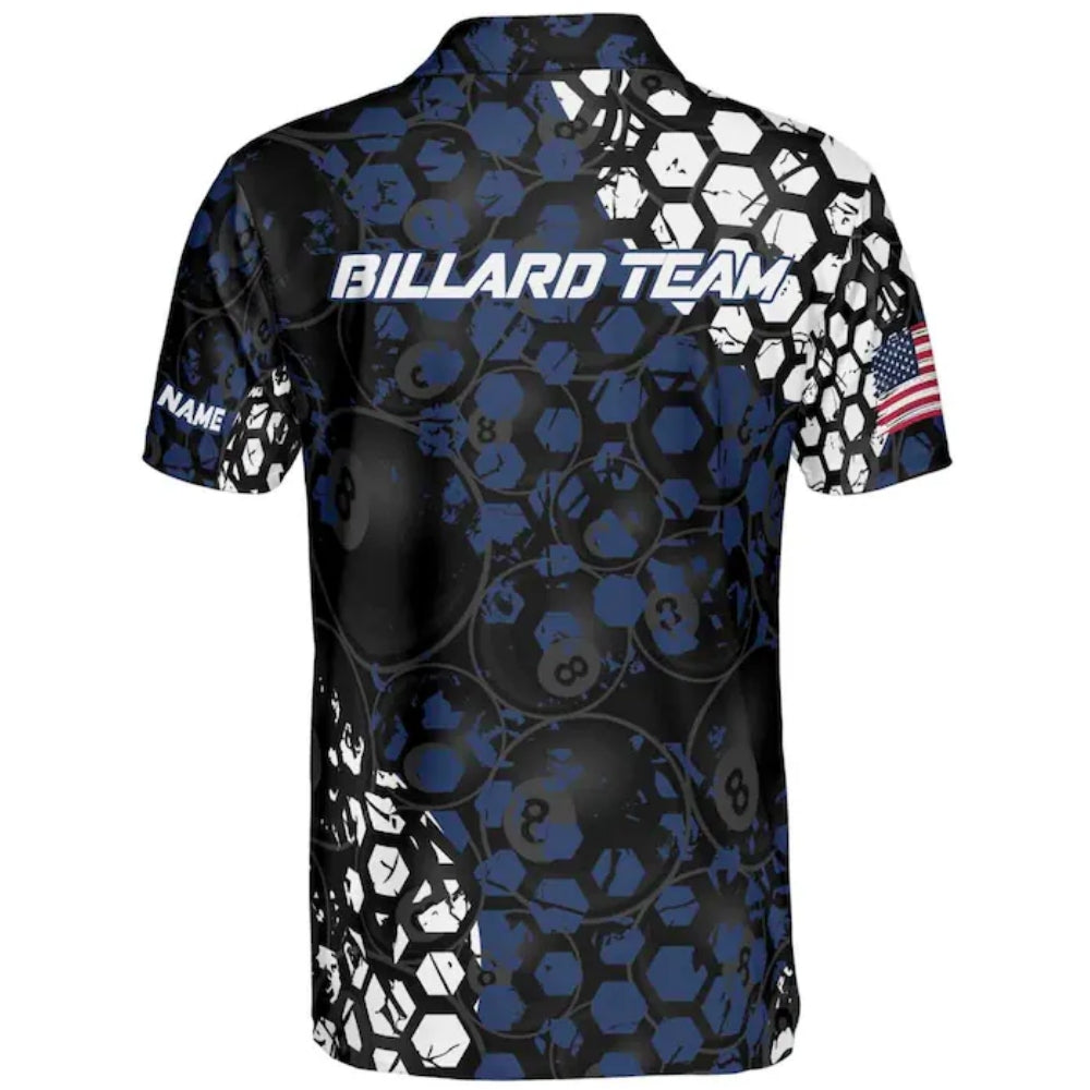 Custom Black And Blue 8 Ball Billiard Polo Shirt Mens, Custom 8 Ball Billiard Shirts For Team BIZ0199