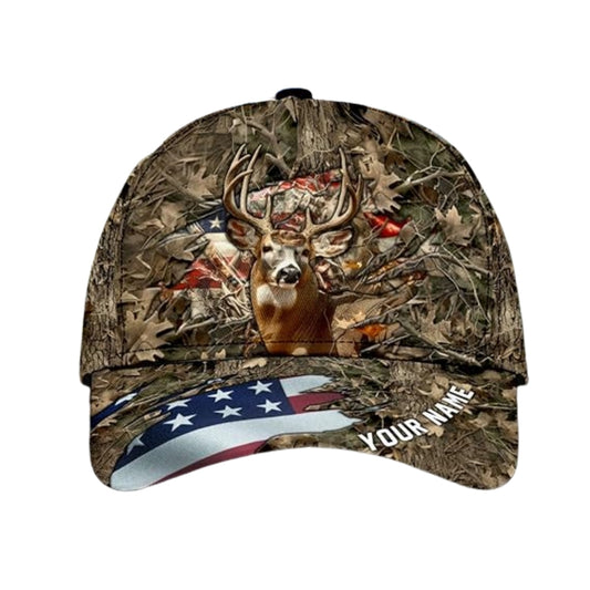 Personalized US Flag Deer Hunting Baseball Cap, Custom Patriotic Deer Hunting Caps CP0230