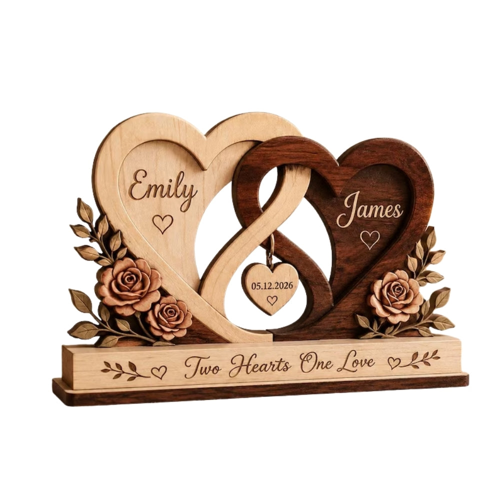 Two Hearts One Love Custom Heart Infinity Wooden Plaque, Custom Wooden Block Wedding Anniversary WD0802