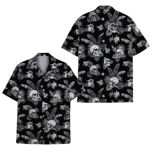 Black And White Skull Tropical Hawaiian Shirt Mens, Skull Hawaiian Shirts HE0049