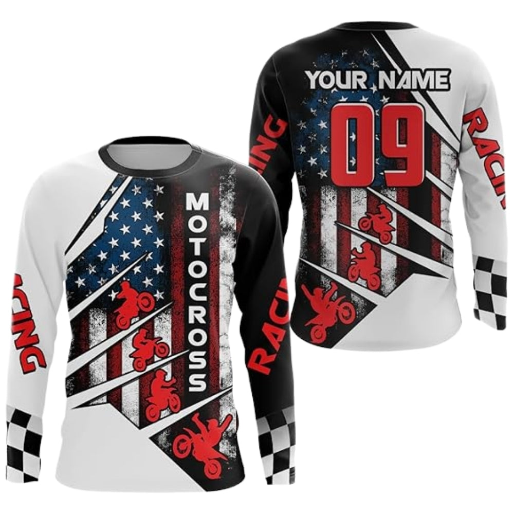 Custom American Flag Motocross Long Sleeve Jersey Mens, Custom Patriotic Racing Dirt Bike Shirts MZ0079
