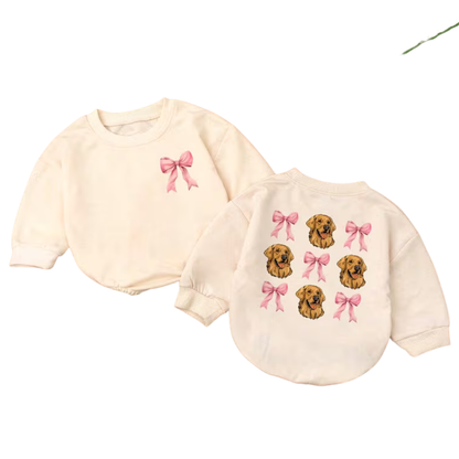 Golden Retriever Baby Romper Sweatshirt Pink Bow, Dog Golden Retriever Romper Sweatshirt For Baby BB0552
