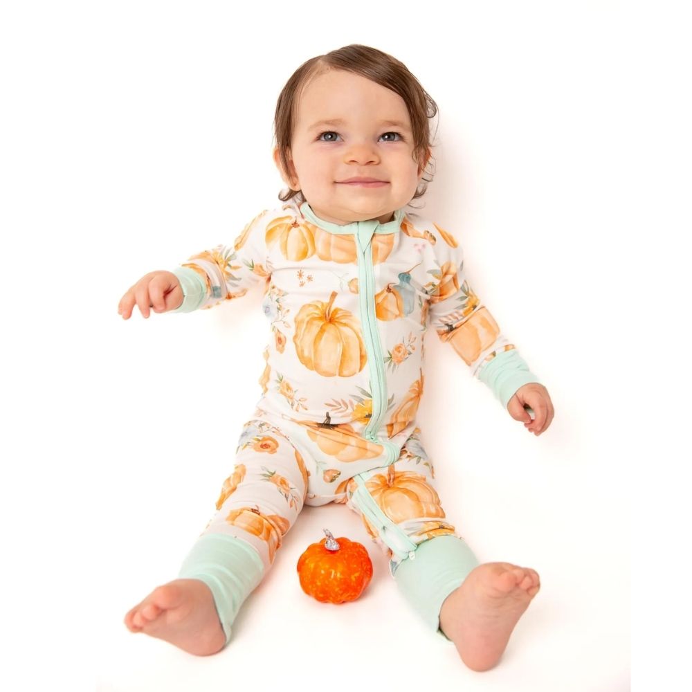 Pumpkin And Flowers Baby Convertible Zippy Romper, Pumpkin Baby Convertible Romper For Thanksgiving BB0352