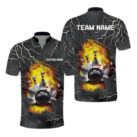Custom Grunge Thunder Flame Bowling Men Jersey, Custom Flame Bowing Team Shirts BZ0341