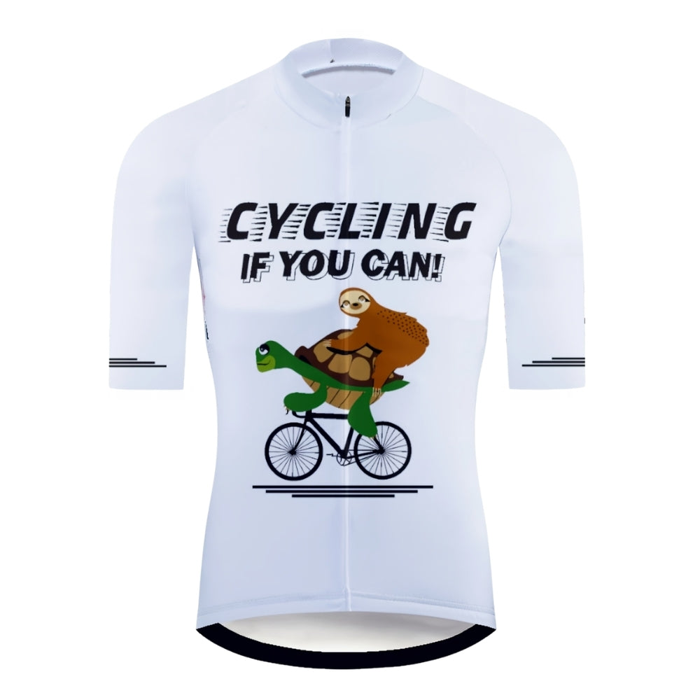 Cycling If You Can Men's White Cycling Short Sleeve Jersey, Funny Turtle Sloth Cycling Jerseys CE0029