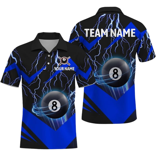 Custom Blue Lightning 8 Ball Billiard Men Polo Shirt, Custom 8 Ball Billiard Team Shirts BIZ0198