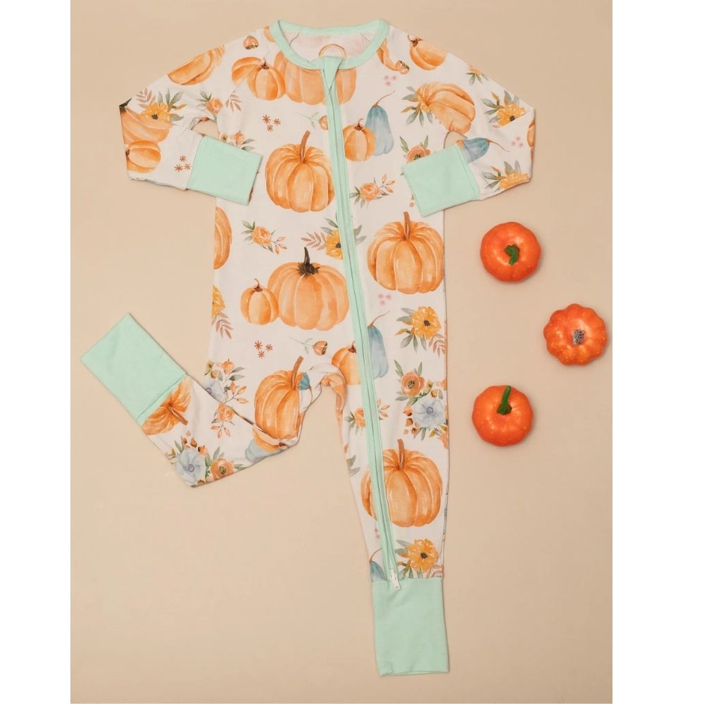 Pumpkin And Flowers Baby Convertible Zippy Romper, Pumpkin Baby Convertible Romper For Thanksgiving BB0352
