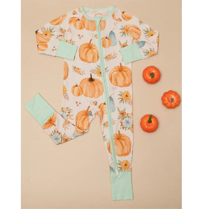 Pumpkin And Flowers Baby Convertible Zippy Romper, Pumpkin Baby Convertible Romper For Thanksgiving BB0352