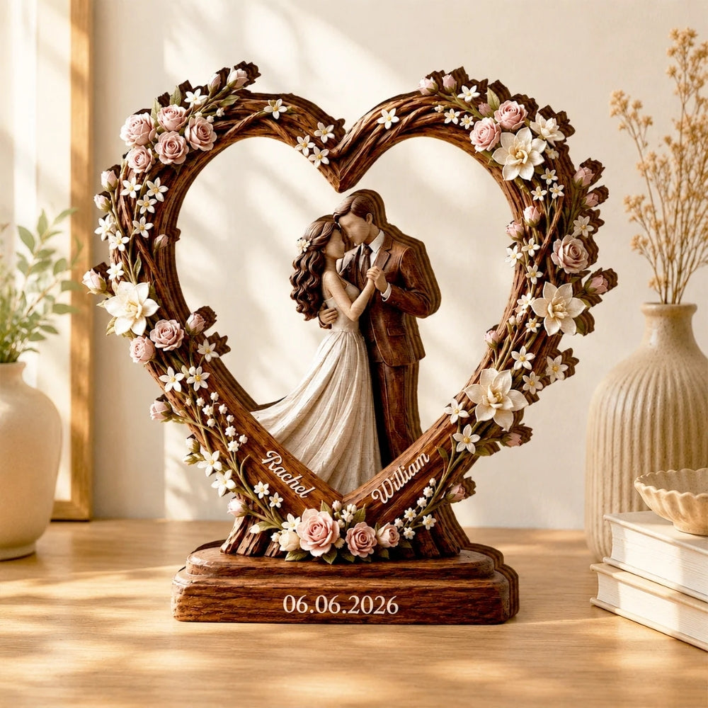 Custom Floral Heart Wedding Wooden Plaque, Custom Wedding Keepsake Wooden Block WD0803