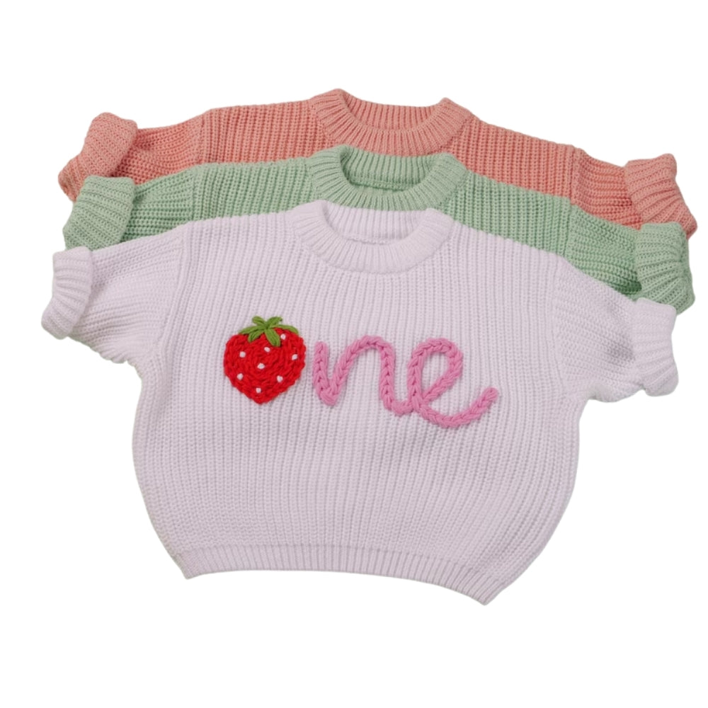 One Strawberry Baby Embroidered Knit Sweater, Berry First Birthday Baby Sweatshirt BB0776