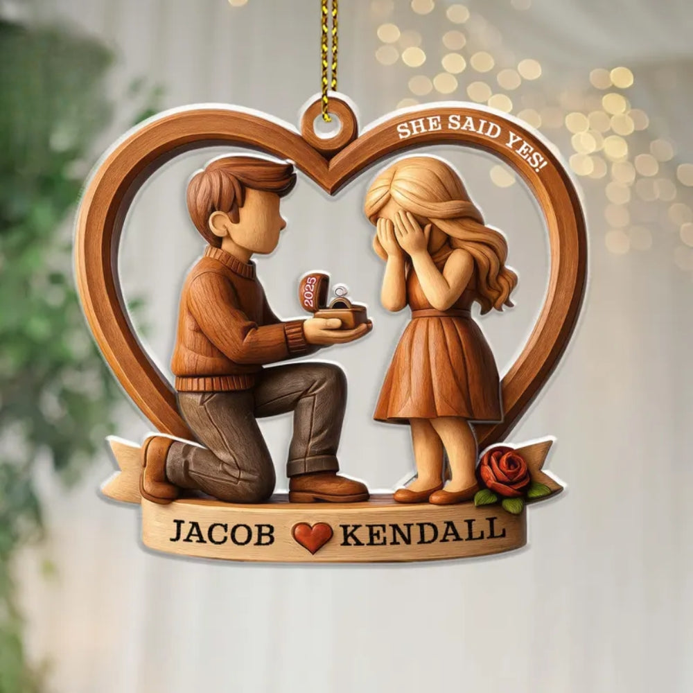 She Said Yes Personalized Engaged 2 Layered Wooden Ornament, Custom Wedding Engagement Ornament WD0296