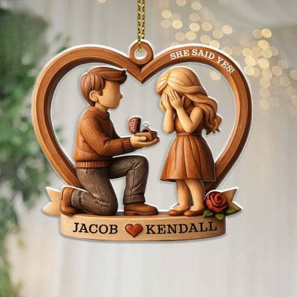 She Said Yes Personalized Engaged 2 Layered Wooden Ornament, Custom Wedding Engagement Ornament WD0296
