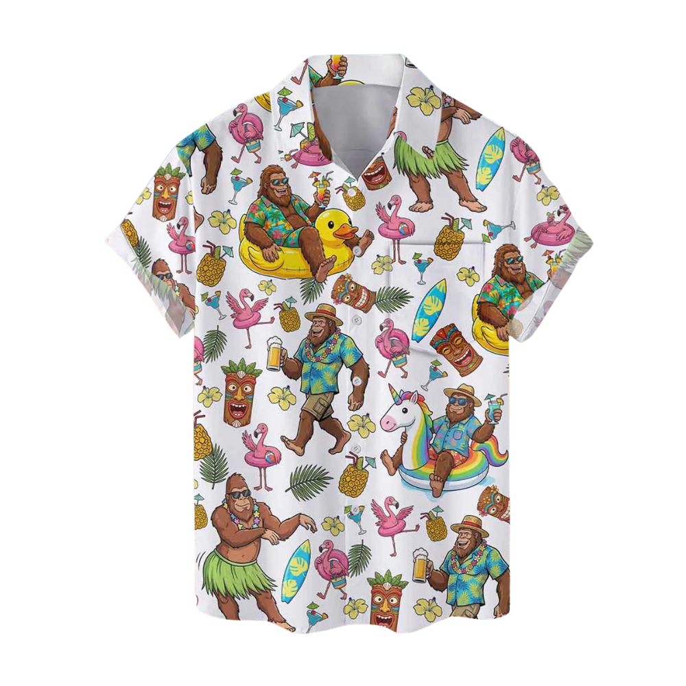 Tiki Bigfoot Funny Men's Hawaiian Shirts, Sasquatch Bigfoot Beach Hawaiian Shirt HE0247